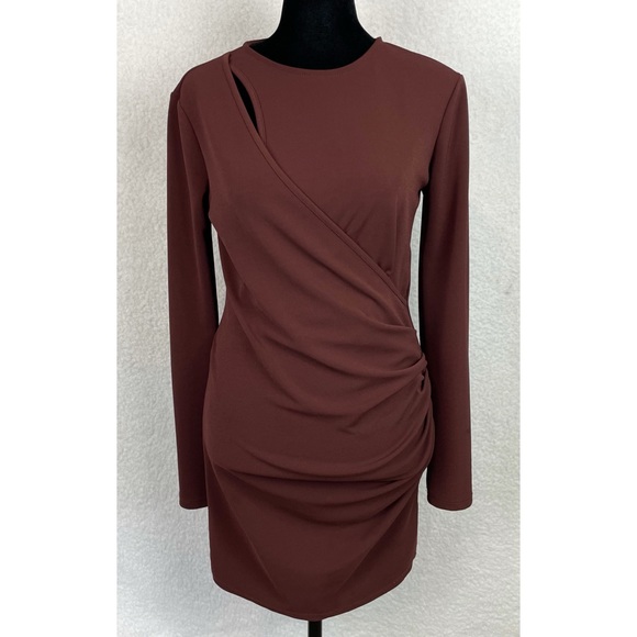 ZARA • Brown Keyhole Cutout Long Sleeve Bodycon Mini Dress - Picture 5 of 16